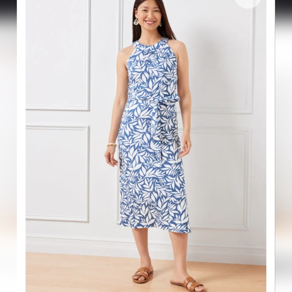 NWT Talbots Nantucket Slub Halter Dress Abstract Leaves size L Sleeveless Belted